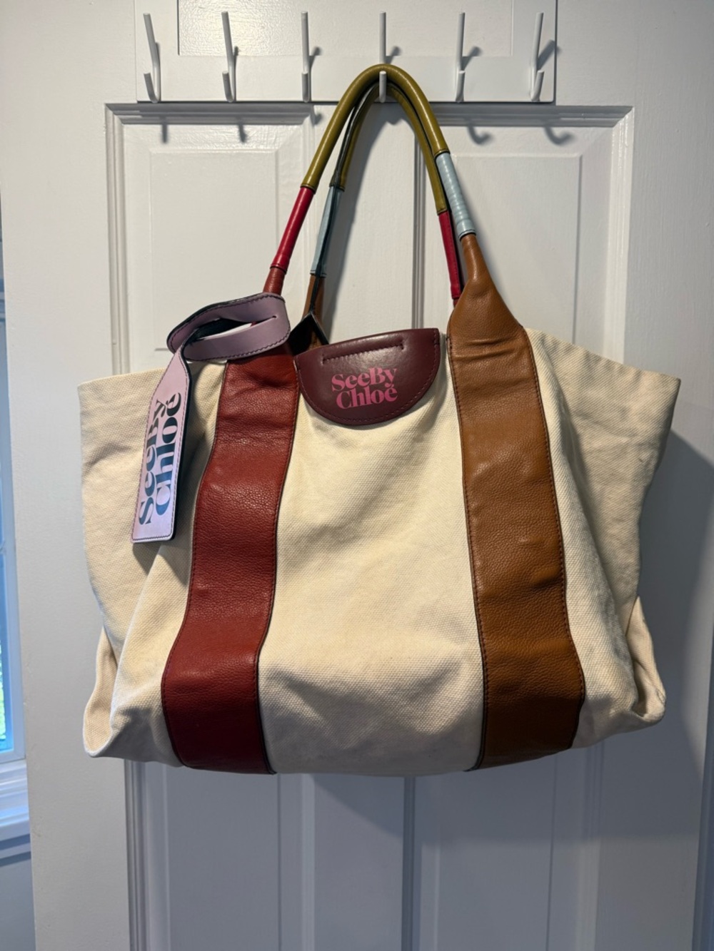 See By Chloe Laetzia Cream Canvas Tote with Red & Brown Leather Accents - Picture 2 of 9